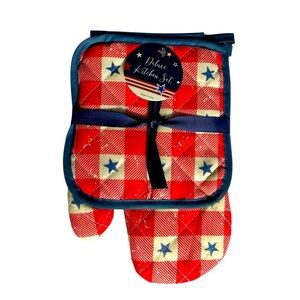 Patriotic Oven Mitt Pot Holder Set Patriotic Red White Plaid with Blue Stars